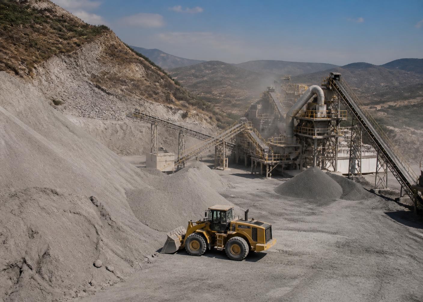 Mineral processing operation with stockpiles, conveyors and a loader